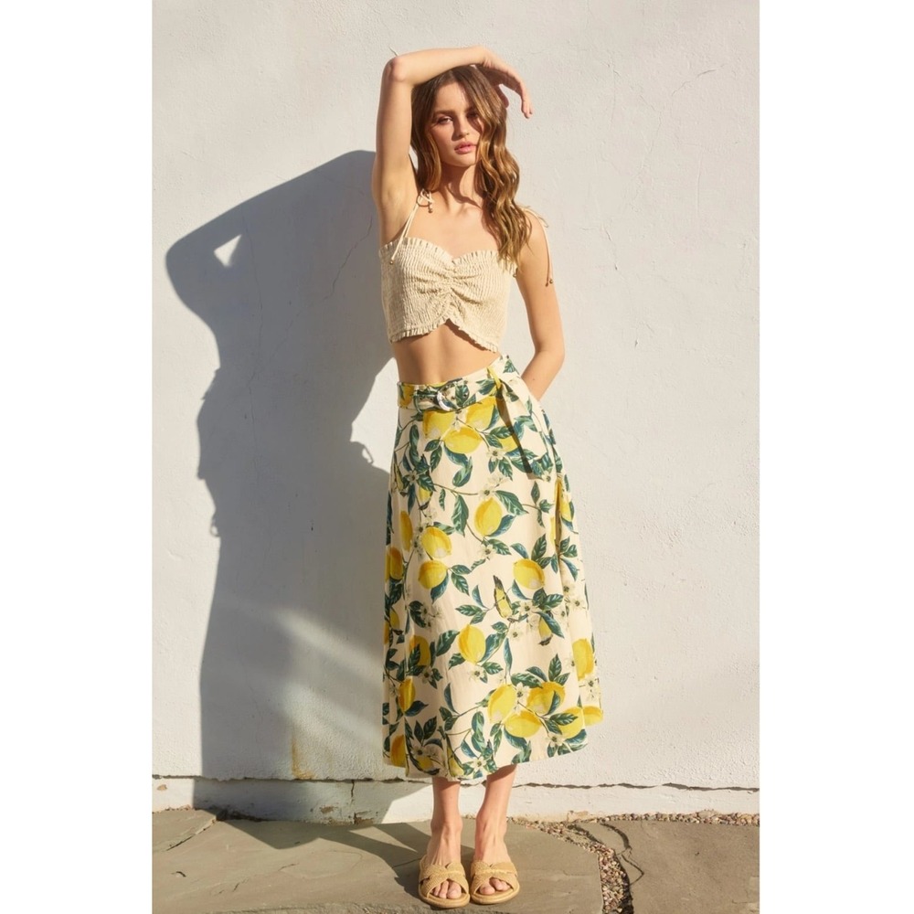 Dress Forum Lemon Print Belted Midi‎ Skirt Cream Yellow Linen Blend Small NWT